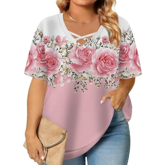 FDGIU Women's Plus Size Boho Loose Fit Short Sleeve Stripe Print T-Shirt - Casual Summer Blouse