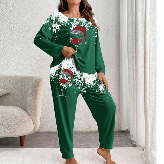 FDGIU Women's Plus Size Christmas Pajamas‌, Holiday Printed Long Sleeve Set, Soft Crewneck Top & Pants