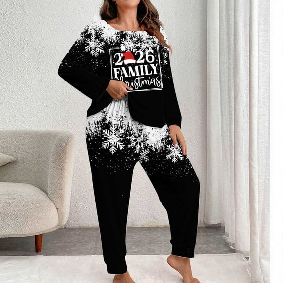 FDGIU Women's Plus Size Christmas Pajamas, Holiday Printed Long Sleeve Set, Soft Crewneck Top & Pants