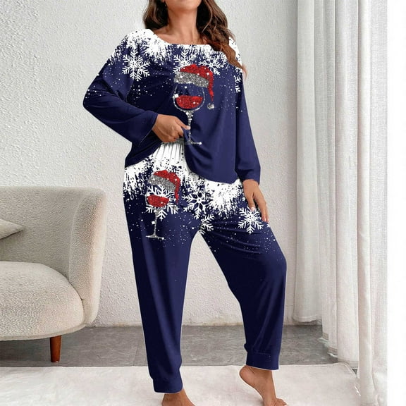 FDGIU Women's Plus Size Christmas Pajamas, Holiday Printed Long Sleeve Set, Soft Crewneck Top & Pants