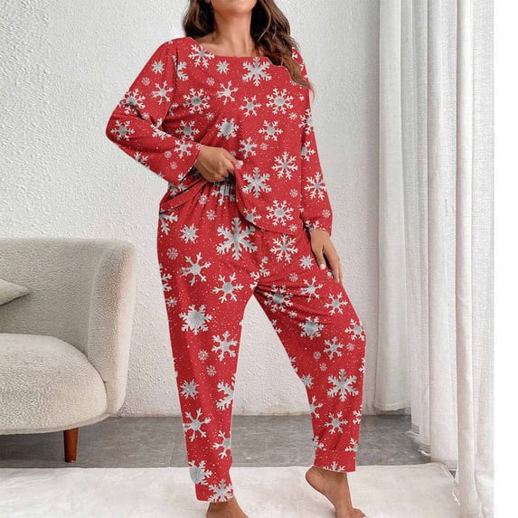 FDGIU Women's Plus Size Christmas Pajamas, Holiday Printed Long Sleeve Set, Soft Crewneck Top & Pants