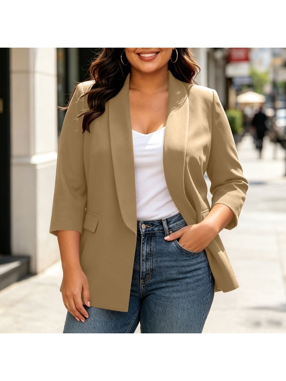 Women's Plus Size Open Front Blazer Jacket, Shawl Lapel 3/4 Sleeve Unbutton Suit Coat with Flap Pockets for Office Business Casual Summer Daily Layering