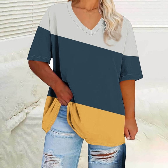 FDGIU Women's Plus Size Summer Tops 2025 - Casual Color Block V-Neck T-Shirts, Loose Fit Short Sleeve Trendy Tees