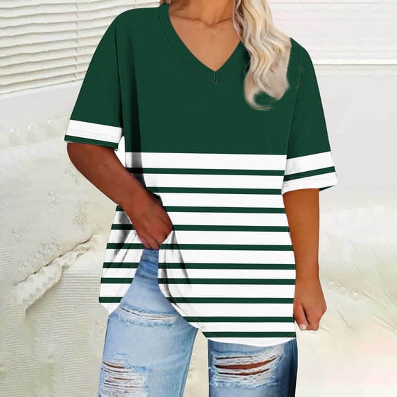 FDGIU Women's Plus Size Summer Tops 2025 - Casual Color Block V-Neck T-Shirts, Loose Fit Short Sleeve Trendy Tees