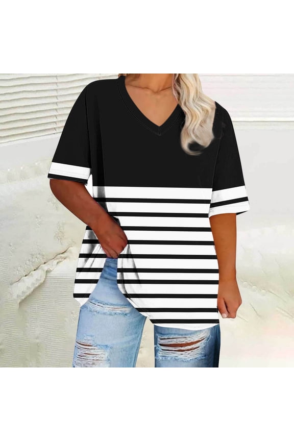 Women's Plus Size Summer Tops 2025 - Casual Color Block V-Neck T-Shirts, Loose Fit Short Sleeve Trendy Tees