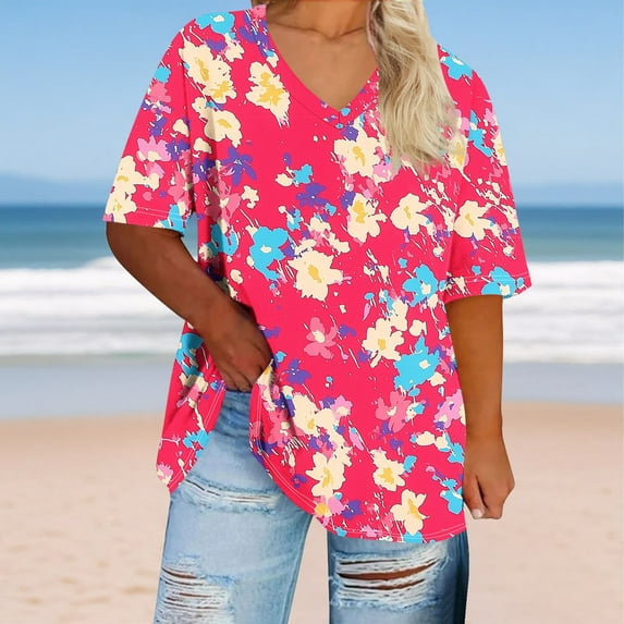 FDGIU Women's Plus Size Summer Tunic Tops 2025 - Soft V-Neck Short Sleeve Blouse, Loose Fit Flowy Casual Shirts