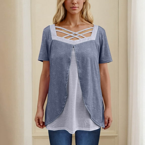 FDGIU Women's Plus Size Summer Tunic Tops 2025 - Soft V-Neck Short Sleeve Blouse, Loose Fit Flowy Casual Shirts