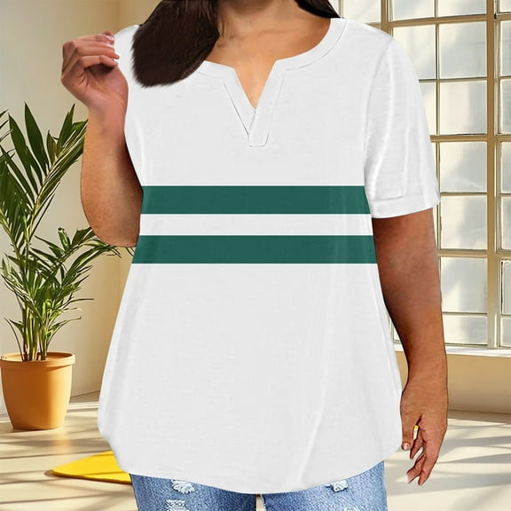 FDGIU Women's Plus Size Summer Tunic Tops 2025 - Striped Wrap V-Neck Blouse, Loose Fit Short Sleeve Chiffon Business Casual Tee