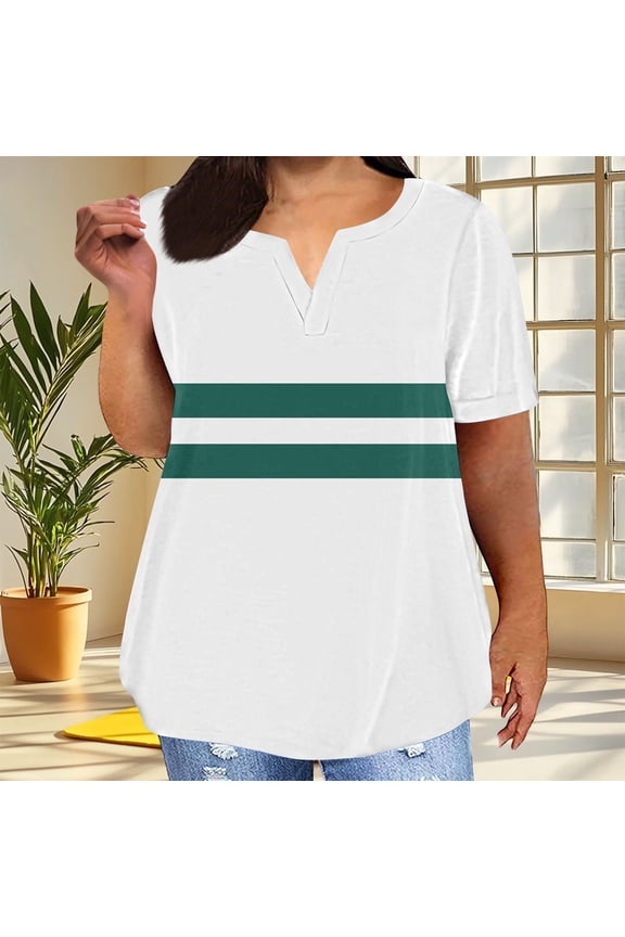 Women's Plus Size Summer Tunic Tops 2025 - Striped Wrap V-Neck Blouse, Loose Fit Short Sleeve Chiffon Business Casual Tee