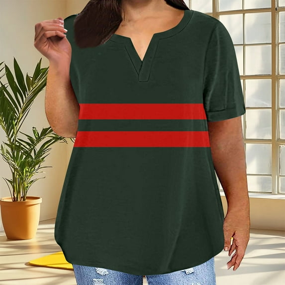 FDGIU Women's Plus Size Summer Tunic Tops 2025 - Striped Wrap V-Neck Blouse, Loose Fit Short Sleeve Chiffon Business Casual Tee
