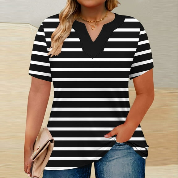 FDGIU Women's Plus Size Summer Tunic Tops 2025 - Striped Wrap V-Neck Blouse, Loose Fit Short Sleeve Chiffon Business Casual Tee
