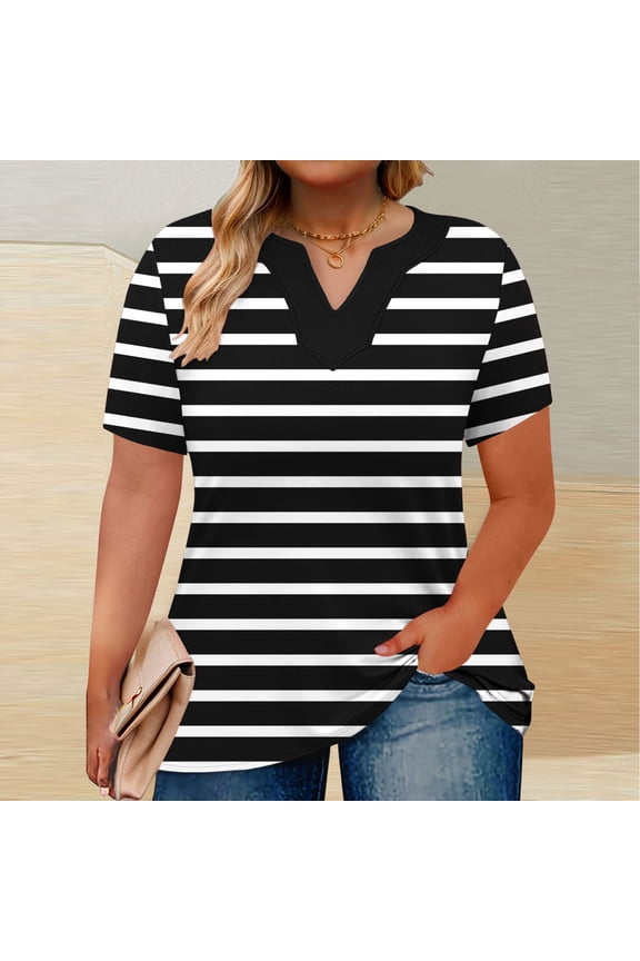 Women's Plus Size Summer Tunic Tops 2025 - Striped Wrap V-Neck Blouse, Loose Fit Short Sleeve Chiffon Business Casual Tee