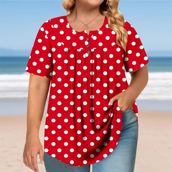 FDGIU Women's Plus Size Summer Tunic Tops - Loose Fit Short Sleeve Square Neck Blouse with Polka Dot & Button Down Design, Dressy Casual Shirts for Leggings