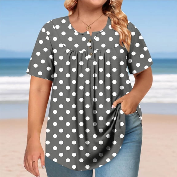 FDGIU Women's Plus Size Summer Tunic Tops - Loose Fit Short Sleeve Square Neck Blouse with Polka Dot & Button Down Design, Dressy Casual Shirts for Leggings