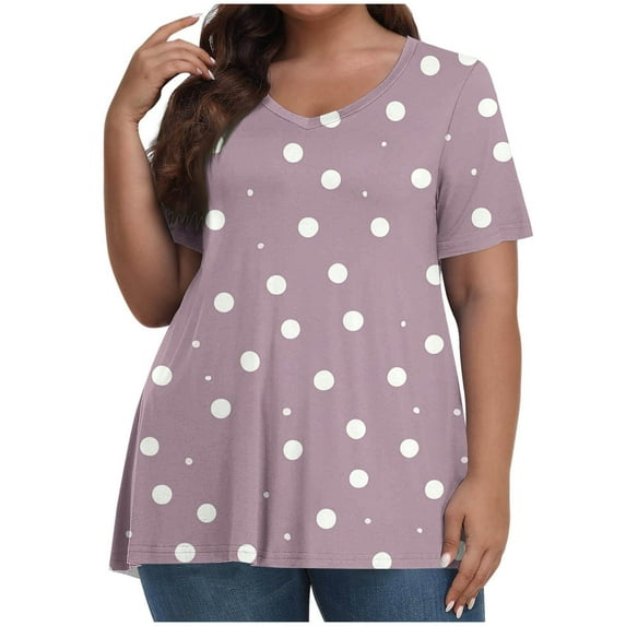 FDGIU Women's Plus Size Summer Tunic Tops - Loose Short Sleeve V Neck Blouse with Polka Dot Design, Dressy Casual Shirts for Leggings