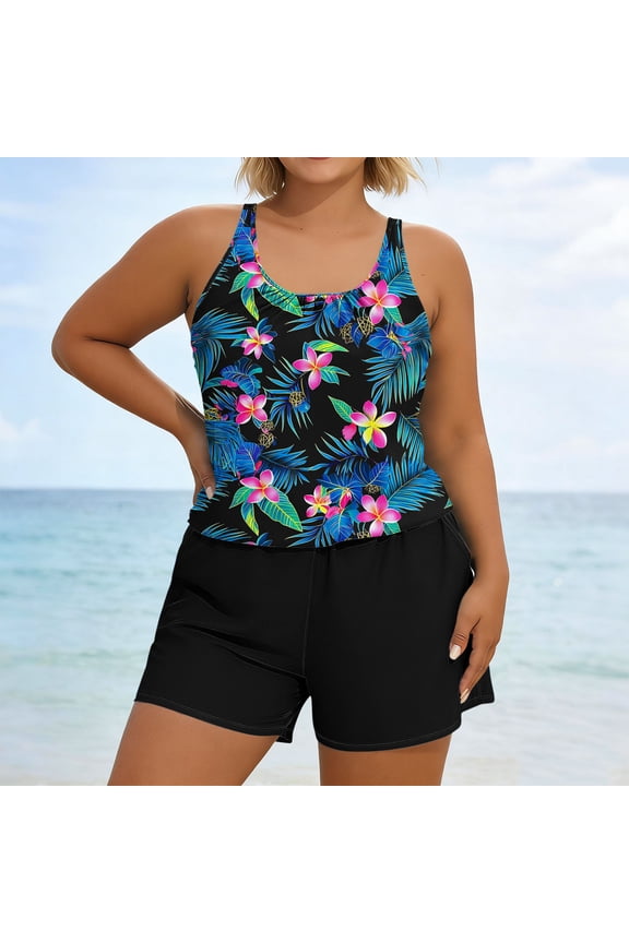 Women's Plus Size Tropical One‑Piece Boyleg Swimsuit, Scoop Neck Tummy Control Guard Bathing Suit, Full Coverage Swimwear for Beach Pool