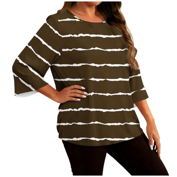 FDGIU Women's Plus Size Tunic Top - 3/4 Sleeve Crew Neck Loose Fit Casual Everyday Blouse