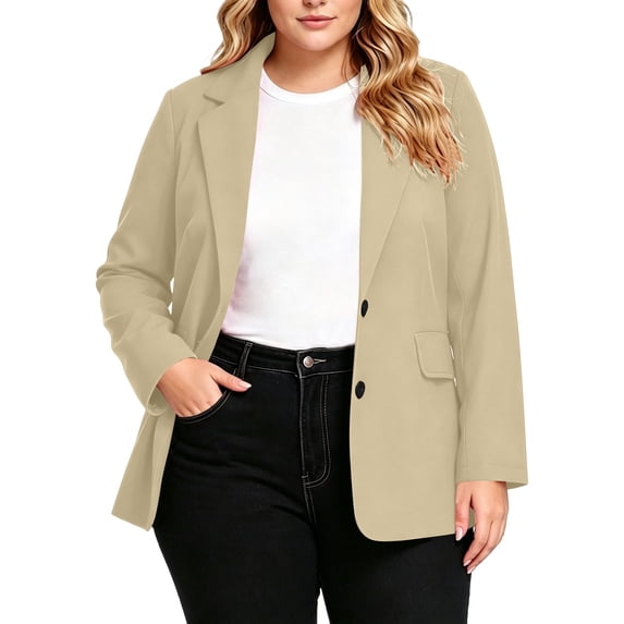 FDGIU Women's Plus Size Two Button Blazer Jacket, Notched Lapel Long Sleeve Open Front Suit Coat with Flap Pockets for Office Business Casual Spring Fall Daily Layering