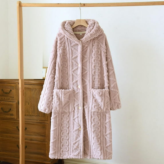 FDGIU Women's Plush Bathrobe with Hood & Pockets, Long Fluffy Fleece Robe for Women, Cozy Warm Hooded Sleepwear Loungewear