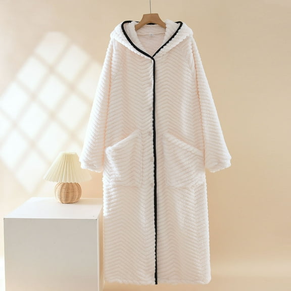 FDGIU Women's Plush Bathrobe with Hood & Pockets, Long Fluffy Fleece Robe for Women, Cozy Warm Hooded Sleepwear Loungewear