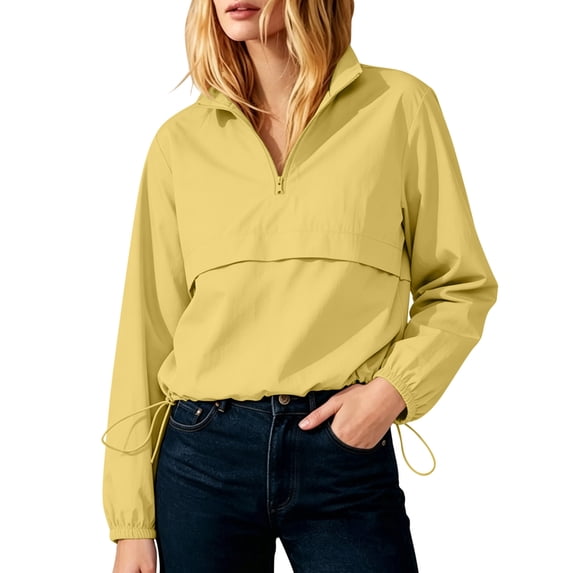 FDGIU Women's Quarter Zip Windbreaker Pullover Jacket, Long Sleeve Stand Collar Casual Top, Loose Fit Lightweight Outerwear for Fall Spring