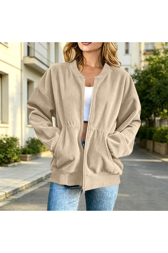 Women's Rib Collar Full Zip Corduroy Jacket, Drop Shoulder Long Sleeve Oversized Loose Casual Shacket with Side Pockets for Spring Fall Daily Layering