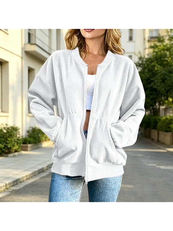 Women's Rib Collar Full Zip Corduroy Jacket, Drop Shoulder Long Sleeve Oversized Loose Casual Shacket with Side Pockets for Spring Fall Daily Layering