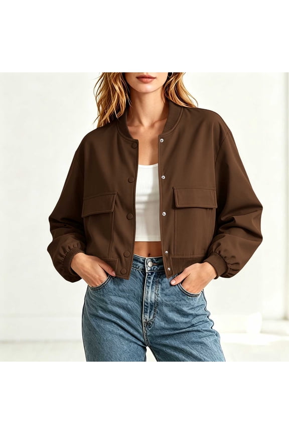 Women's Rib Collar Snap Button Cropped Jacket, Elastic Cuff Long Sleeve Coat with Flap Patch Pockets for Spring Fall Casual Daily Layering