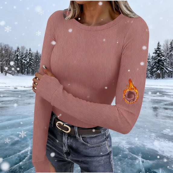 FDGIU Women's Rib Knit Slim Fit Tee - Long Sleeve Stretch Crewneck Basic Fall Casual Top