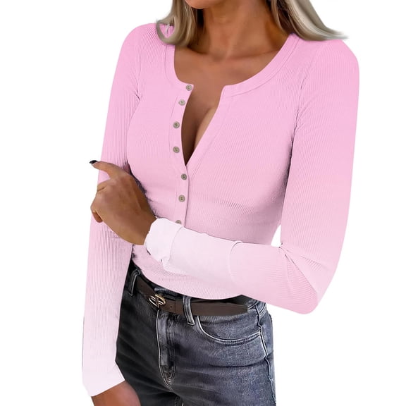 FDGIU Women’s Ribbed Henley Blouse - Slim Fit Long Sleeve Gradient Color Top for Work & Casual Fashion