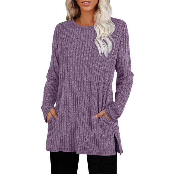FDGIU Women's Ribbed Knit Pullover - Long Sleeve Crewneck Tunic Top, Fall Winter Casual Sweater