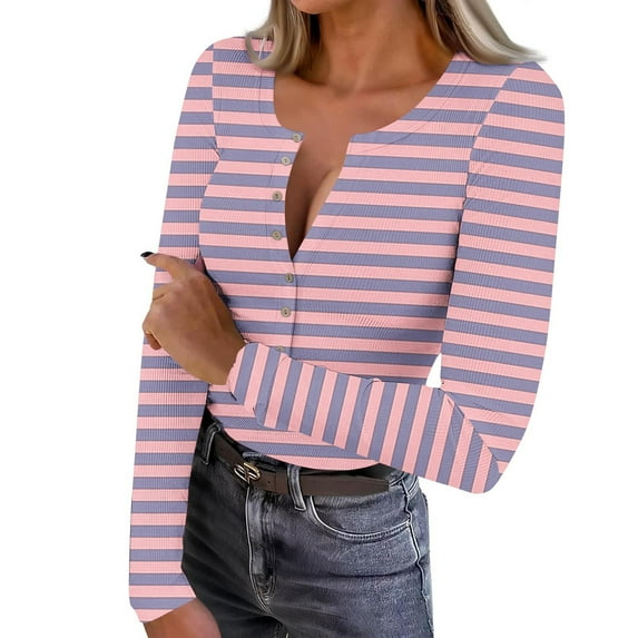 FDGIU Women’s Ribbed Knit Striped Long Sleeve Top - Henley Neck Slim Fit Layered Tee for Work Casual