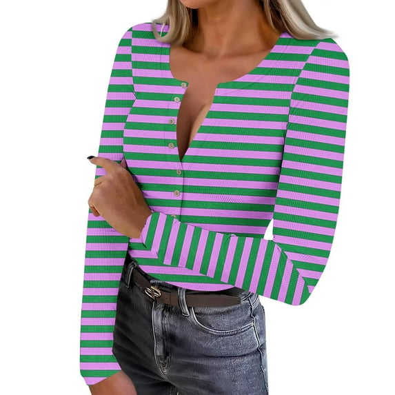 FDGIU Women’s Ribbed Knit Striped Long Sleeve Top - Henley Neck Slim Fit Layered Tee for Work Casual
