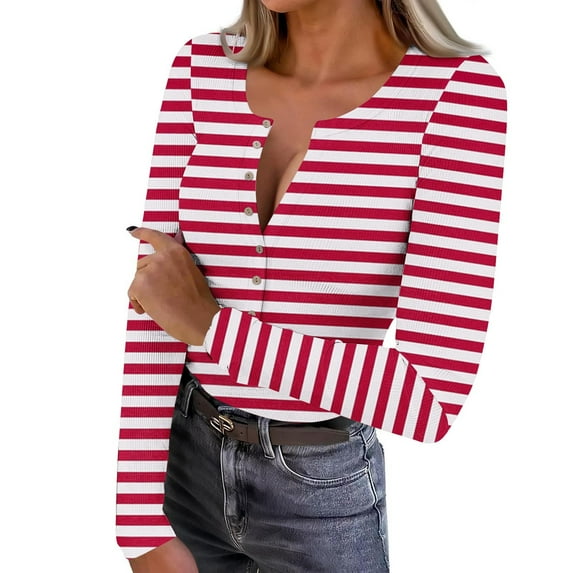 FDGIU Women’s Ribbed Knit Striped Long Sleeve Top - Henley Neck Slim Fit Layered Tee for Work Casual
