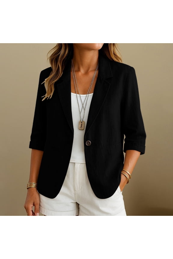 Women's Roll Cuff 3/4 Sleeve Linen Blazer Jacket, Single Button Notched Lapel Open Front Casual Suit Coat with Patch Pockets for Summer Office Business Daily Layering