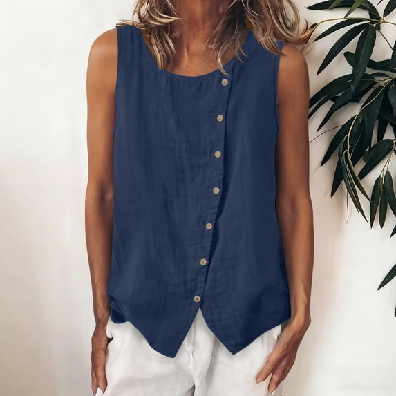 FDGIU Women's Round Neck Asymmetric Button Front Sleeveless Tank Top, Cotton Linen Woven Split Irregular Hem Casual Camisole Blouse