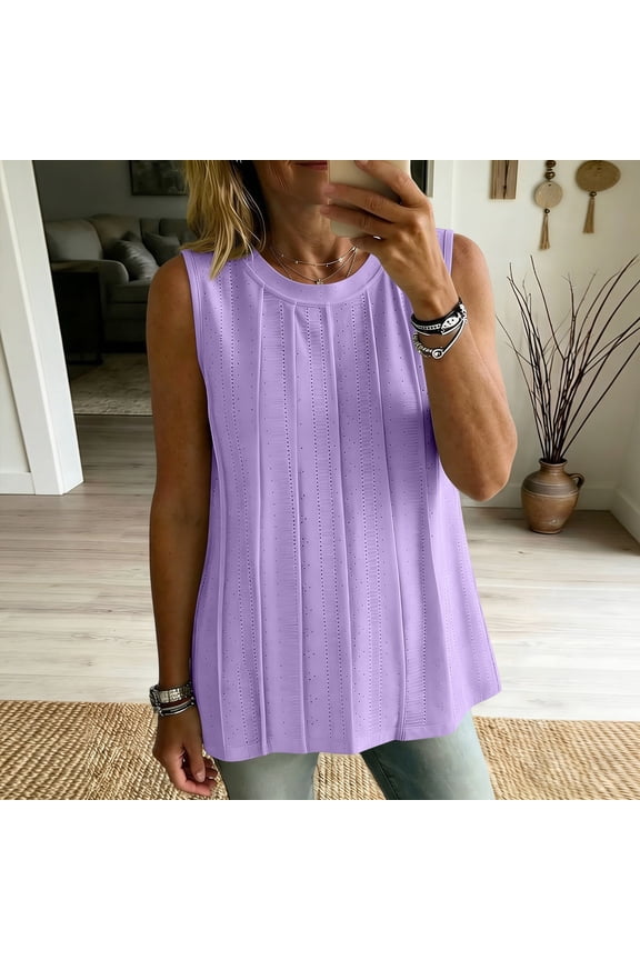 Women's Round Neck Eyelet Vertical Pleated Sleeveless Tank Top, Loose A Line Breathable Camisole Vest for Summer Daily Casual Loungewear Layering