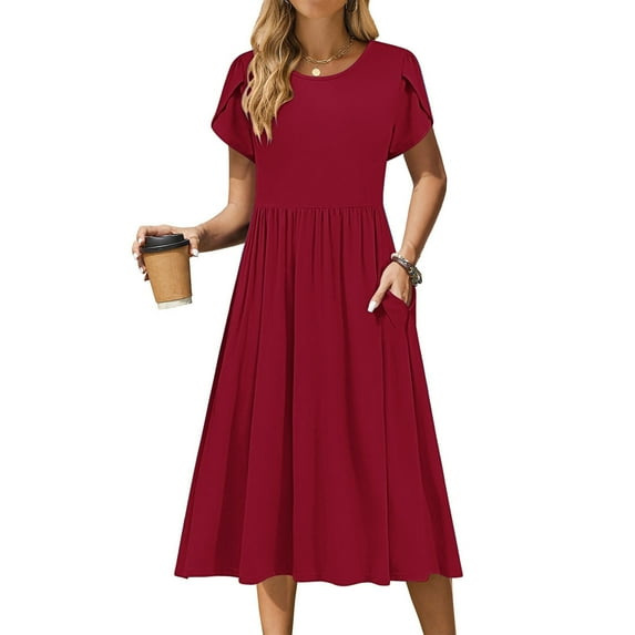 FDGIU Women's Round Neck Midi Dress - Summer Casual Short Sleeve A-Line Pleated Dress with Pockets