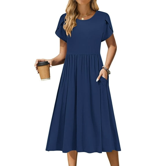 FDGIU Women's Round Neck Midi Dress - Summer Casual Short Sleeve A-Line Pleated Dress with Pockets