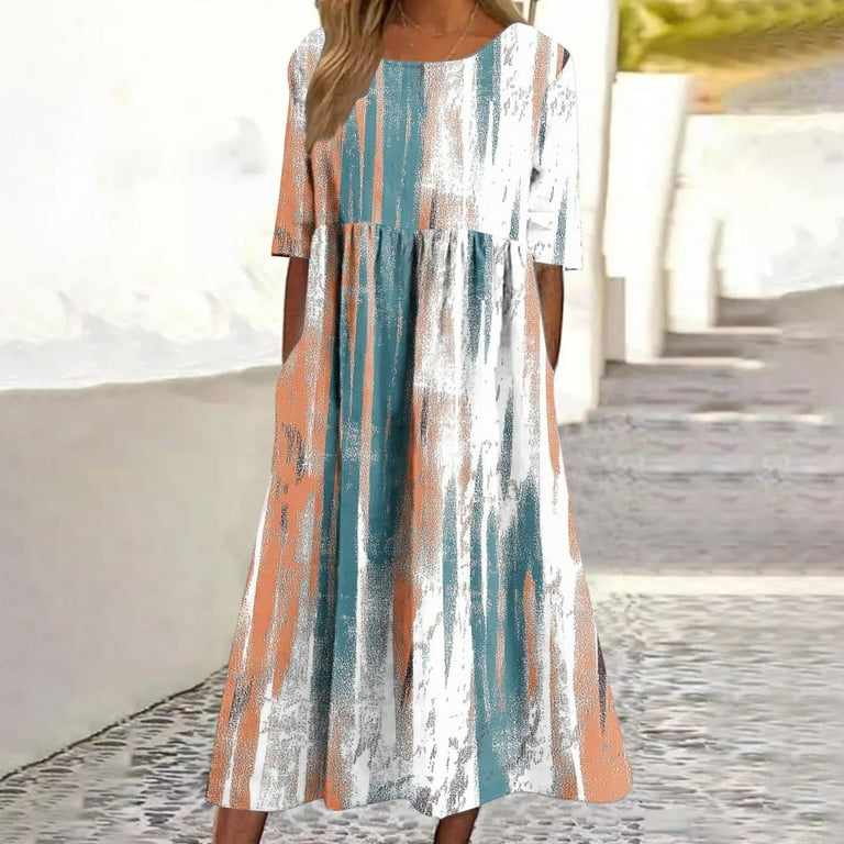 FDGIU Women's Round Neck Midi Dress - Summer Casual Short Sleeve A-Line Pleated Dress with Pockets FDGIU Women's Round Neck Midi Dress - Summer Casual Short Sleeve A-Line Pleated Dress with Pockets