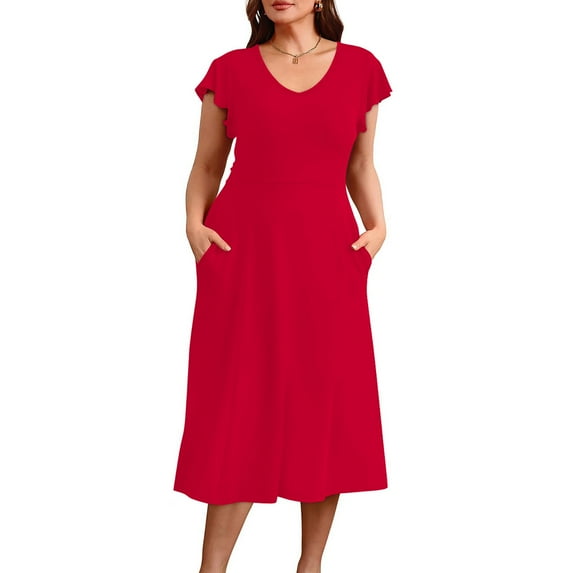 FDGIU Women's Round Neck Midi Dress - Summer Casual Short Sleeve A-Line Pleated Dress with Pockets