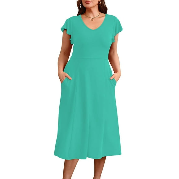 FDGIU Women's Round Neck Midi Dress - Summer Casual Short Sleeve A-Line Pleated Dress with Pockets