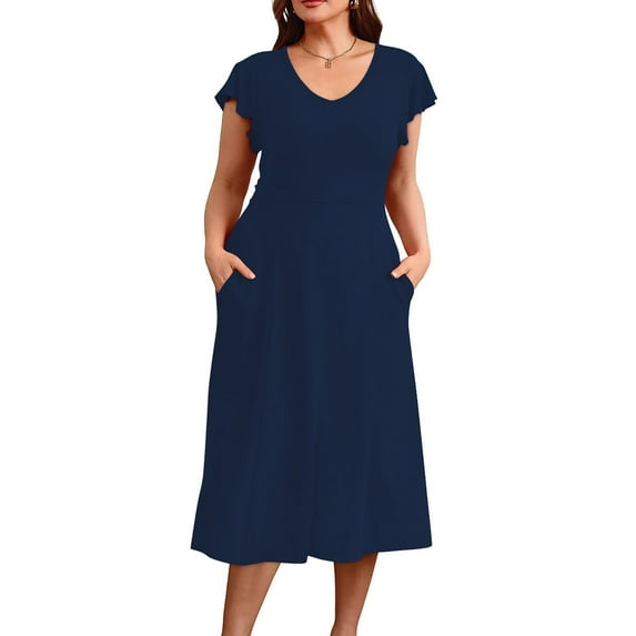 FDGIU Women's Round Neck Midi Dress - Summer Casual Short Sleeve A-Line Pleated Dress with Pockets