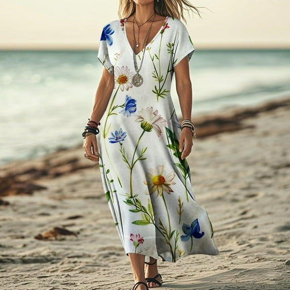 FDGIU Women's Round Neck Midi Dress - Summer Casual Short Sleeve A-Line Pleated Dress with Pockets