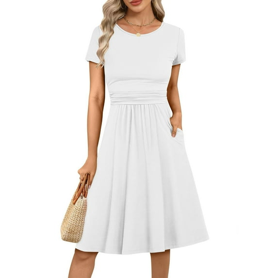 FDGIU Women's Round Neck Midi Dress - Summer Casual Short Sleeve A-Line Pleated Dress with Pockets