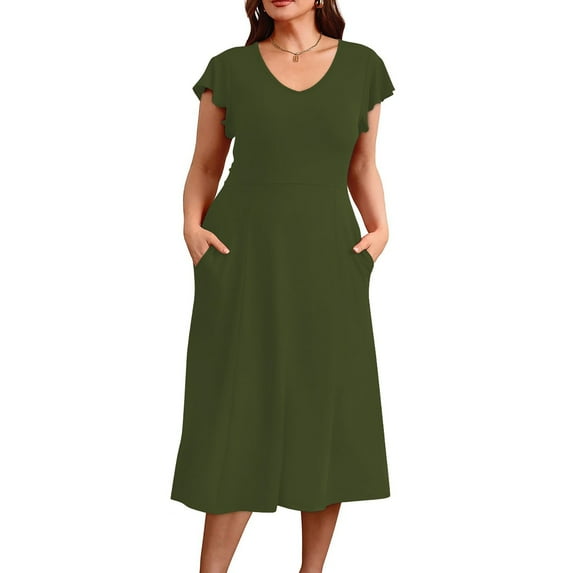 FDGIU Women's Round Neck Midi Dress - Summer Casual Short Sleeve A-Line Pleated Dress with Pockets