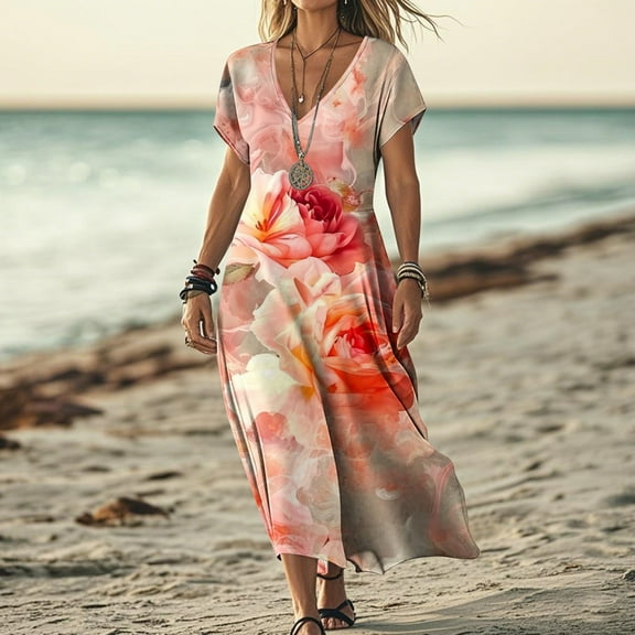 FDGIU Women's Round Neck Midi Dress - Summer Casual Short Sleeve A-Line Pleated Dress with Pockets