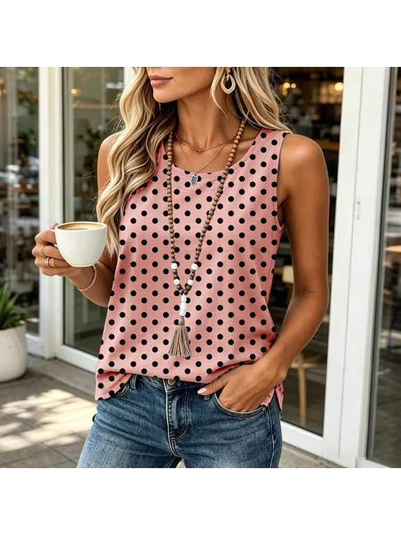 Women's Round Neck Polka Dot Print Sleeveless Tank Top, Loose Split Side Curved Hem Lightweight Woven Casual Camisole