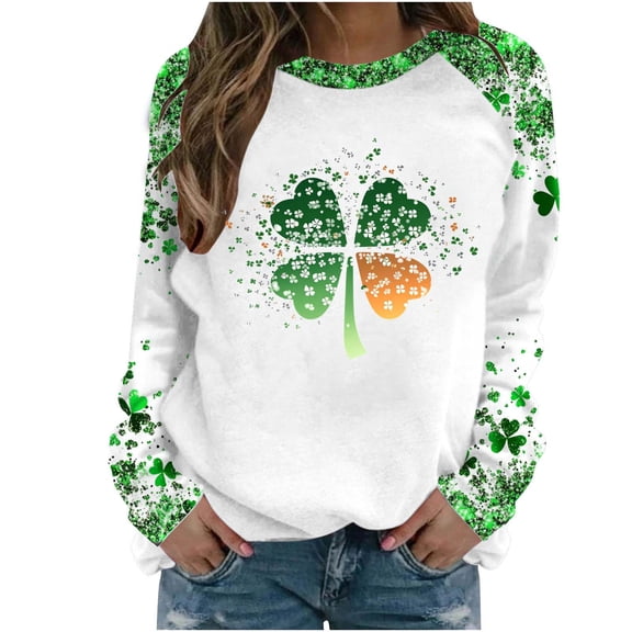 FDGIU ‌‌‌‌Women's Saint Patrick's Day Sweatshirt - Long Sleeve Green Shamrock Print Crew Neck Pullover