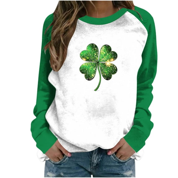 FDGIU Women's Saint Patrick's Day Sweatshirt - Long Sleeve Green Shamrock Print Crew Neck Pullover
